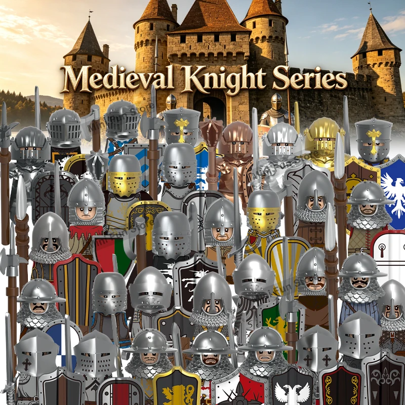 Medieval Castle Knight Soldier Figures Building Blocks Military Gothic Archer Militia Helmet Shield Armor Sword Spear Bricks Toy