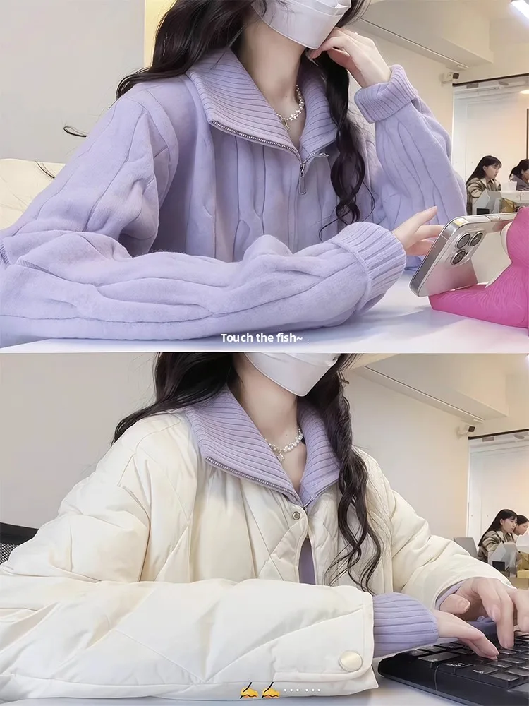 

Мягкий фиолетовый вязаный свитер на молнии с высоким воротником, женское осенне-зимнее пальто свободного покроя, модная одежда для поездок на работу
