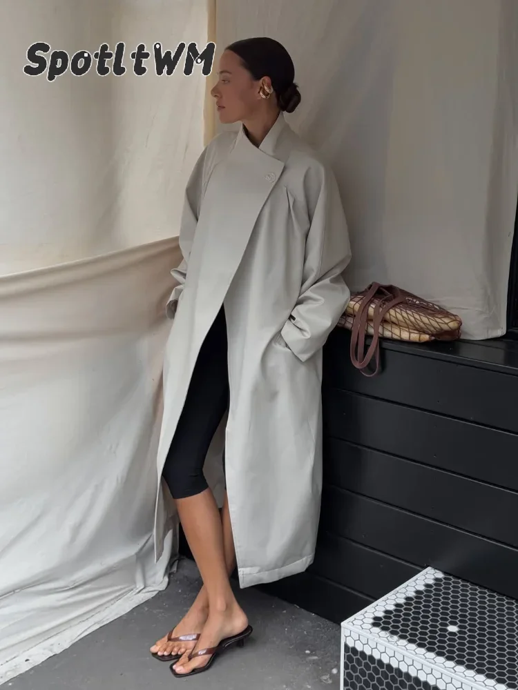 Women Solid Stand Collar Long Trench Jacket Oversized Loose Drop‑shoulder Casual Windbreaker Autumn Daily Commuter Outerwear