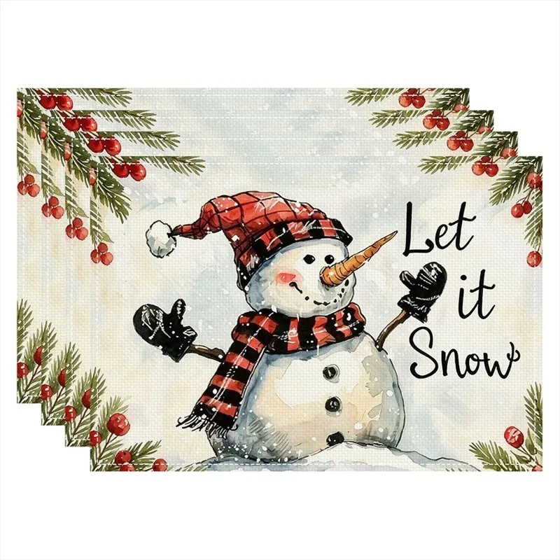 VIKAMA Linen Placemats Let It Snow Snowman Red Cream, Stain Resistant Easy to Clean, Dining Table Winter Decor