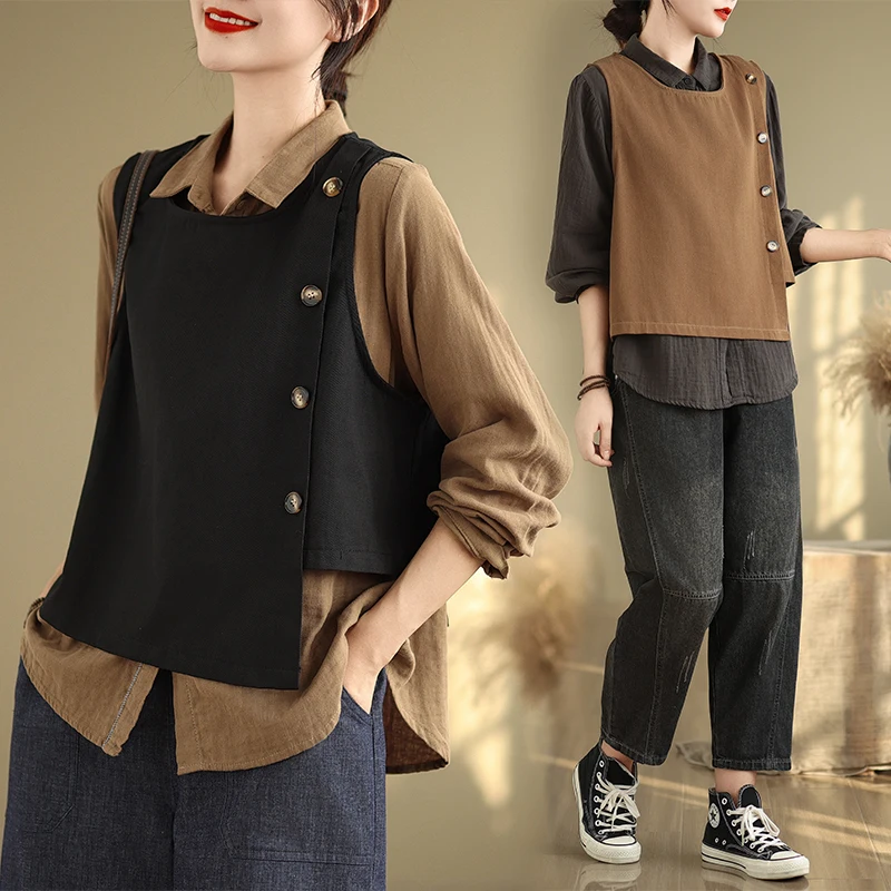 

Спецодежда в стиле ретро, асимметричный жилет, женский весенне-осенний простой многослойный жилет с запахом, круглый жилет Ne, топ