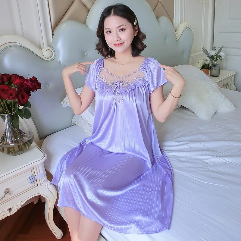 ANJY  Women Ice Silk Sleepwear Set Nightdress Homewear Nightwear Pyjamas Female Lace Sleepwear V-neck Nightgown Plus Size