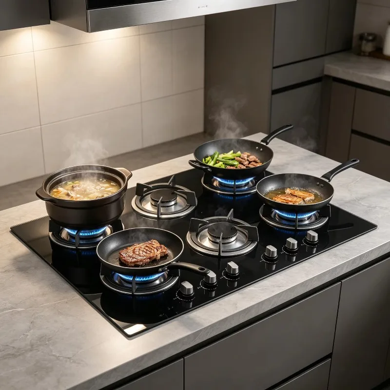 6 Burners Built In Gas Hob Tempered Glass Gas Cooktop Electronic Ignition Flame Out Protection Brass Burner Gas Stove OEM ODM