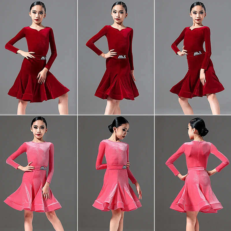 Abito da ballo latino in velluto per competizione Abbigliamento da prestazione per ragazze Body a maniche lunghe Gonna Set Abbigliamento da palcoscenico latino per bambini Rosso 3137