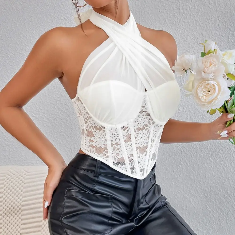 

Mesh Lace Camisole Transparent Sleeveless Neck Halter Crop Tops Suspender Vest Slim Fit Fishbone Corset Camisole Spring Summer