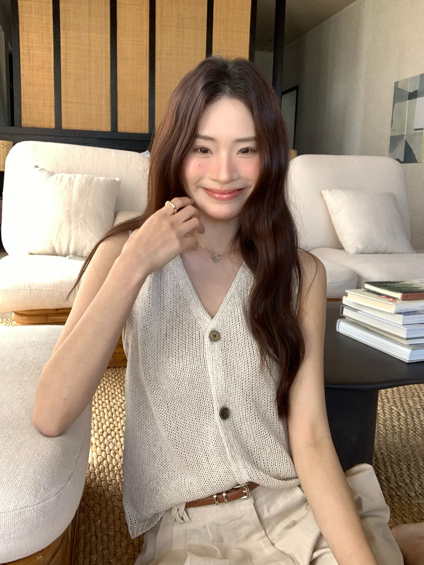【WENRAN】Women's Beige V-neck Knit Vest Sleeveless Hollow Out Layered Top for Summer