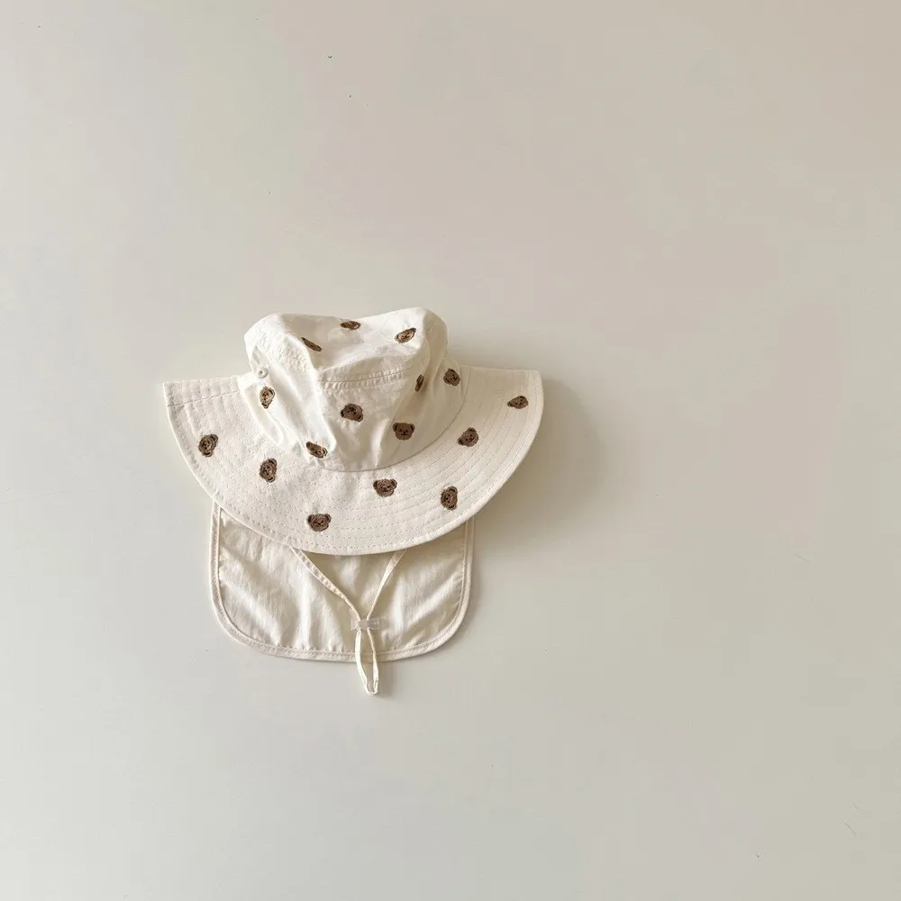 Cute Polyester Children Sun Hat Cartoon Print Broad Brim Quick Drying Bucket Hat Neck Protection Thin Fisherman Hat Summer