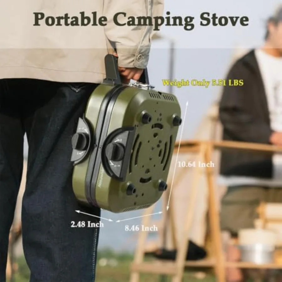 موقد غاز 2 في 1 للتخييم مع شعلات قابلة للتعديل ومقلاة حديدية 88.18 أونصة نظام طهي محمول مع مقبض حمل مثالي لـ