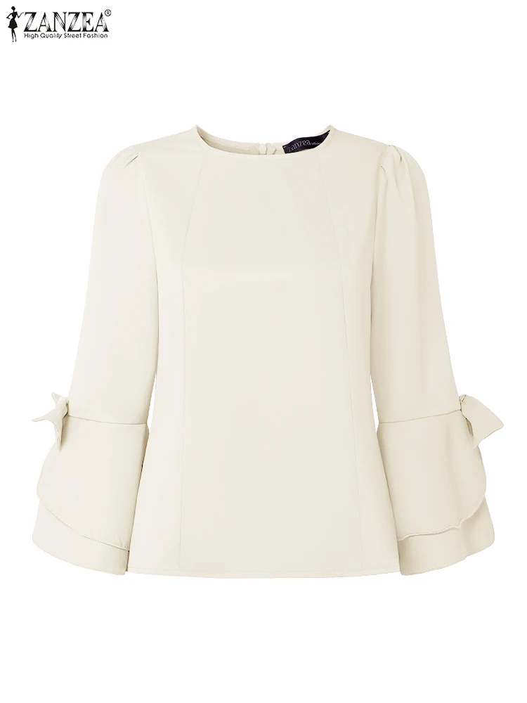 2023 sommer Büro Hemd ZANZEA Frauen Elegante 3/4 Hülse Arbeit Blusen Stilvolle Bögen Slim Fit Tunika Tops Casual Solide Party blusas