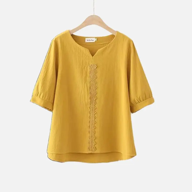 Casual Vintage Solid Color Women\'s T-shirt  Summer Fashionable Commute Short Sleeve Embroidery Patchwork Tops Female Clothin
