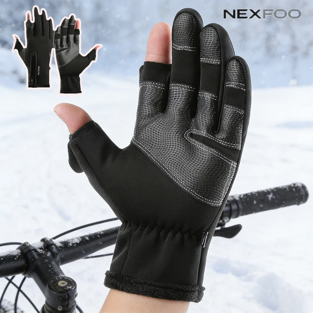NEXFOO Men's Winter Cycling Gloves Warm 2-Cut Finger Touchscreen Gloves Waterproof Windproof Non-slip Thick for Fishing Ski Ride