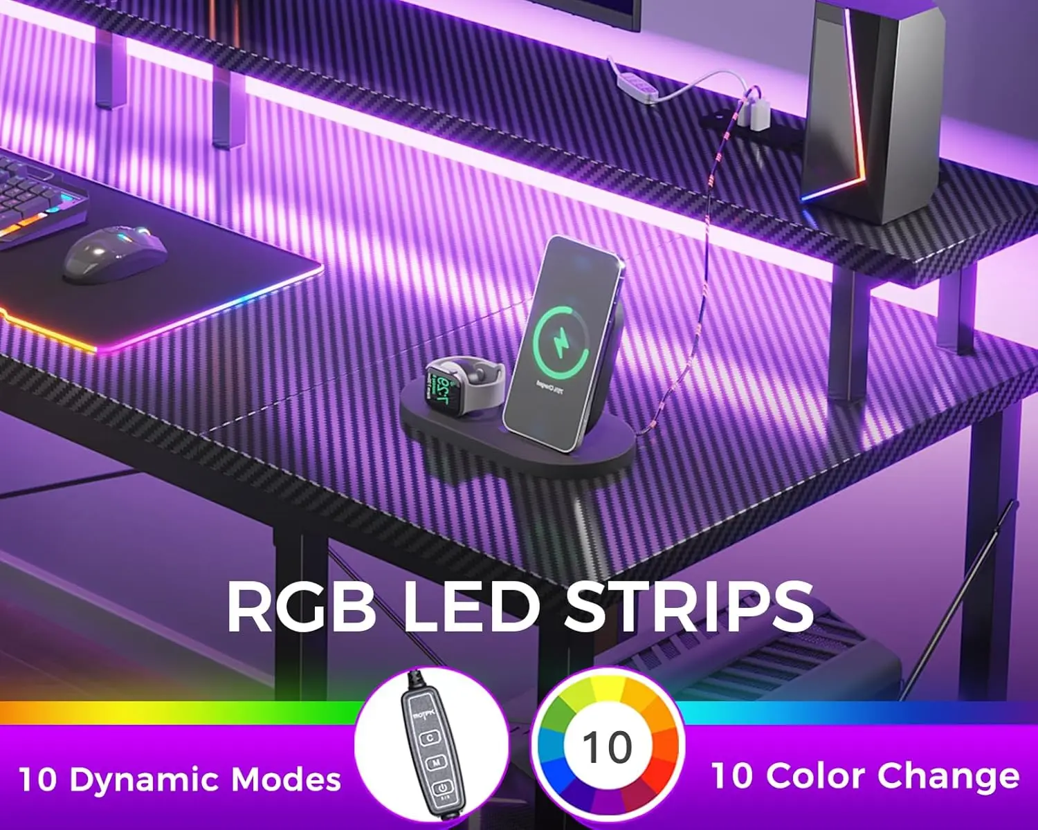 55 Inches Gaming Desk with LED Lights, Computer Desk with Monitor Stand, Pc Table with CPU Stand, Carbon Fiber Black