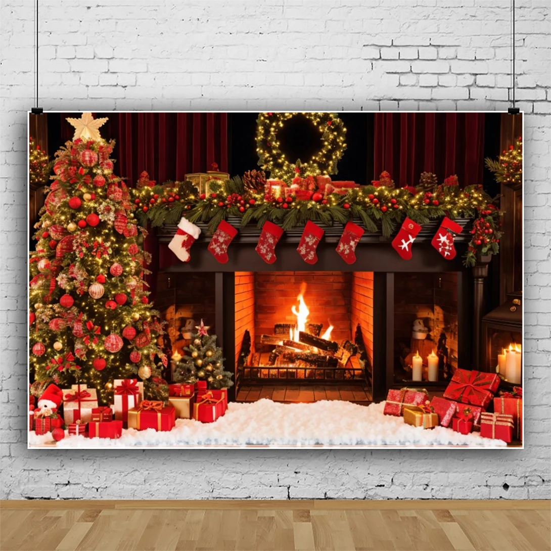 Winter Christmas Backdrops for Photography Fireplace Xmas Tree Gift Baby Toys Party Portrait Photographic Background Photo