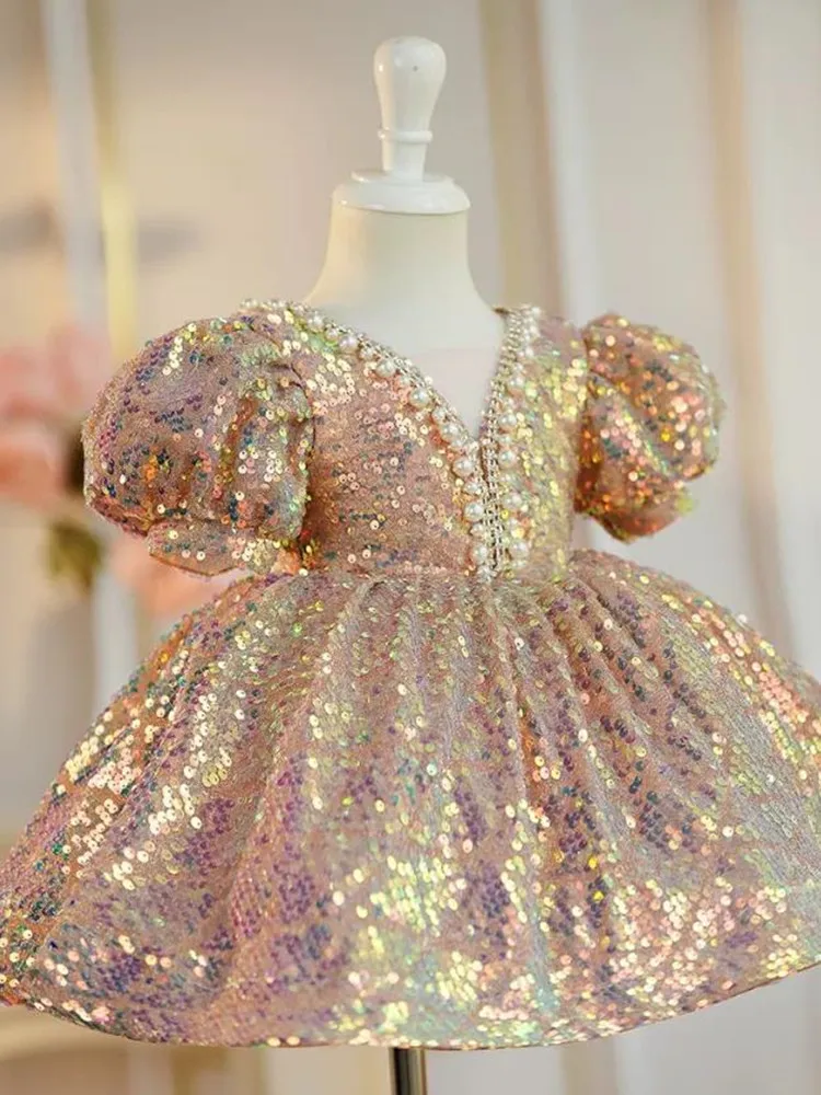 High-End Kids Catwalk Princess Ball Gown Wedding Birthday Party Girls Sequined Dress A3831 Vestidos Bridesmaid Dresses