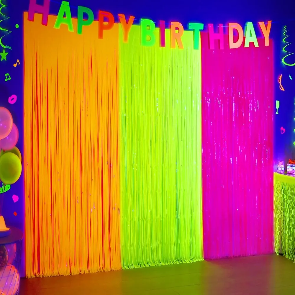 

Glow in The Dark Party Supplies, 3 Pack Neon Party Decorations 9.9 x 6.6 ft Fluorescent Macaron Orange, Yellow and Fuchsi