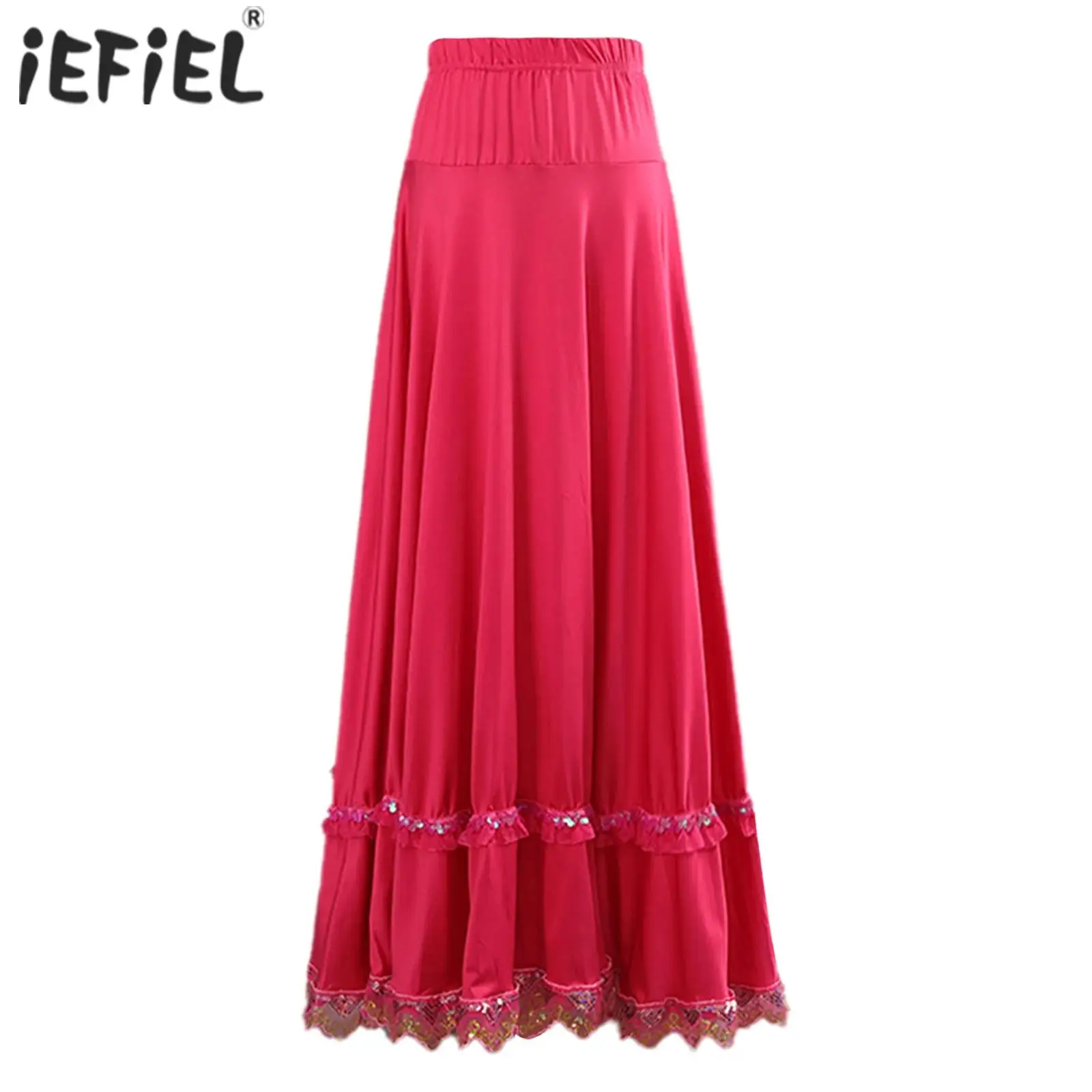 Womens Full Circle Long Skirt Elastic High Waist Ruffled Lace Trim Dance Skirt for Square Dance Ballroom Ethnic Dance Flamenco