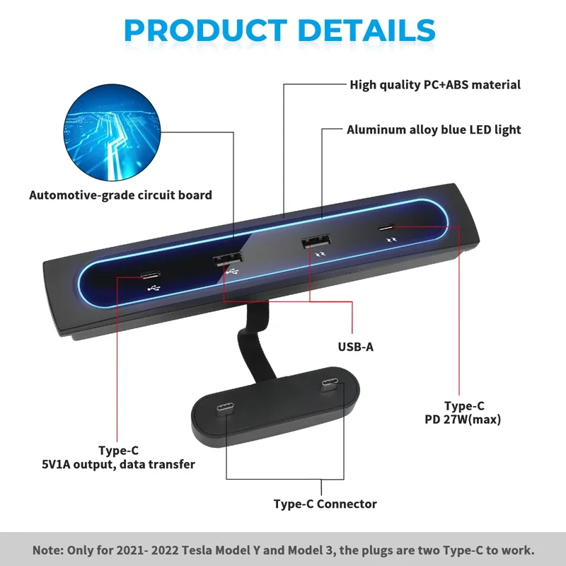 For Tesla Model 3 Y 2021 2022 27W Quick Charger USB Shunt Hub Intelligent Docking Station Car Adapter Powered Splitter Extension