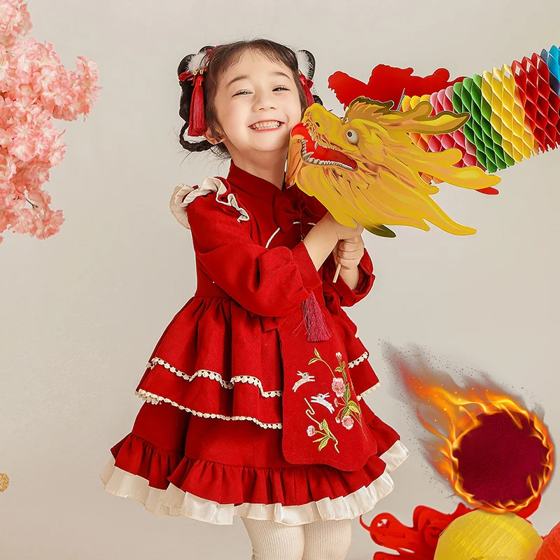 

Girls' Autumn and Winter New Fleece-lined Dresses Baby Full-Year Western Style Dress Little Girl Chinese Style Annual Dre