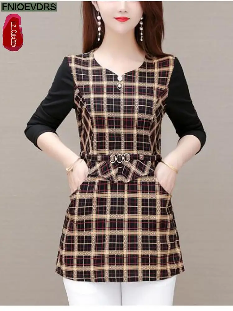 Hot Sales Women Retro Elegant Office Lady Vintage Plaid Shirt Loose Peplum Tops Belly Long Tunic Basic Shirts Blouses