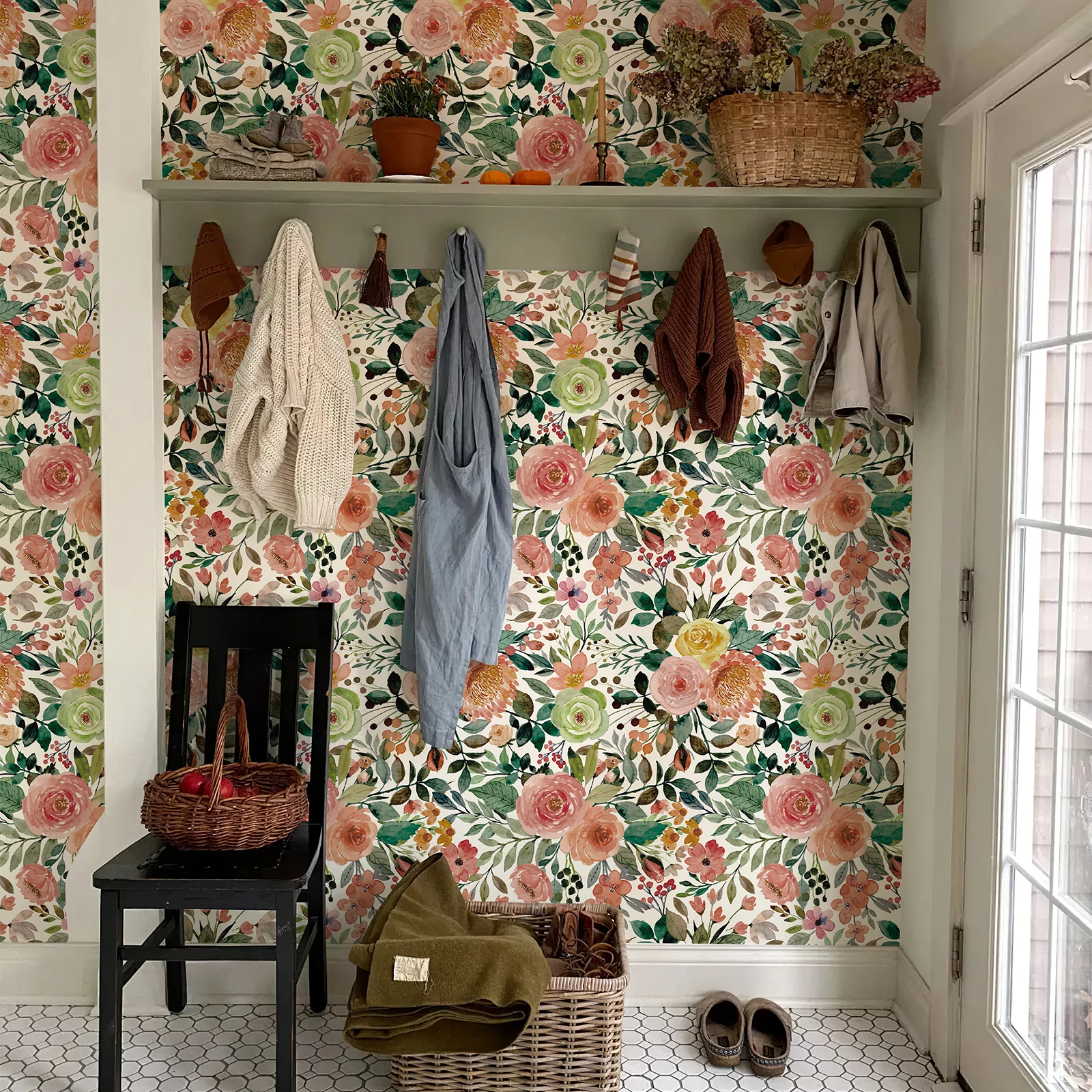 Pink Floral Peel And Stick Wallpaper Classic Green Leaves Watercolor Home Wall Decor Waterproof Flower Furniture Cabinet sticker
