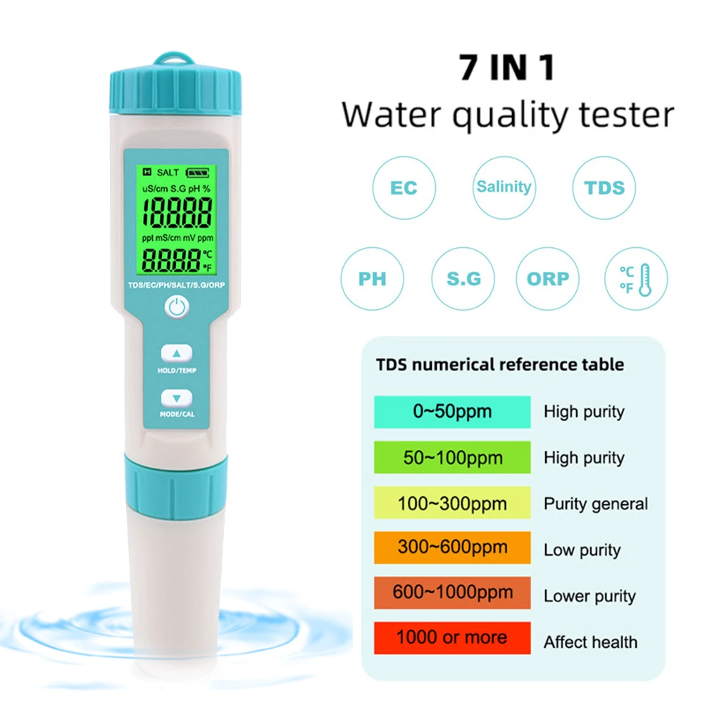 7-in-1 household professional swimming pool water quality pen salinity/PH/TDS/EC/ORP/SG testing C-600 portable testing pen water