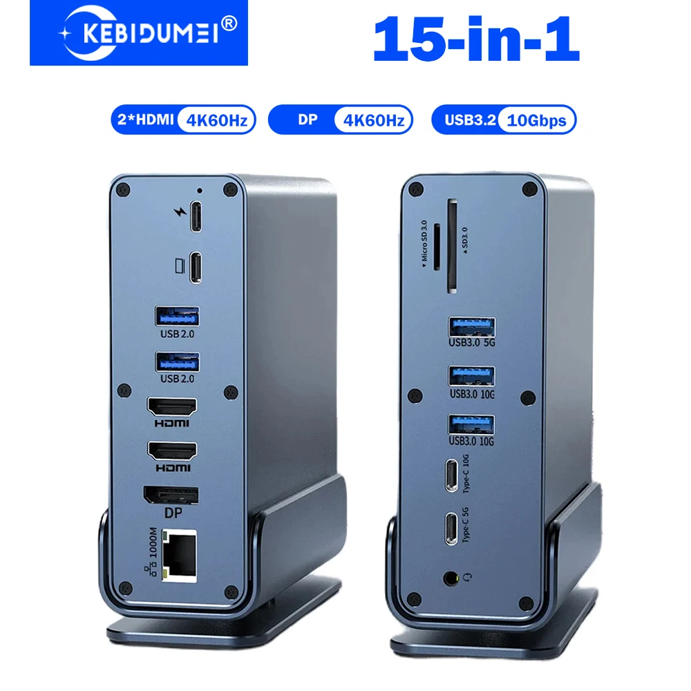KEBIDUMEI 15-in-1 USB Docking Station Vertical Docking Stations TYPE-C to HDMI/DP 4K60Hz USB C to 1000Mbps Network Adapter