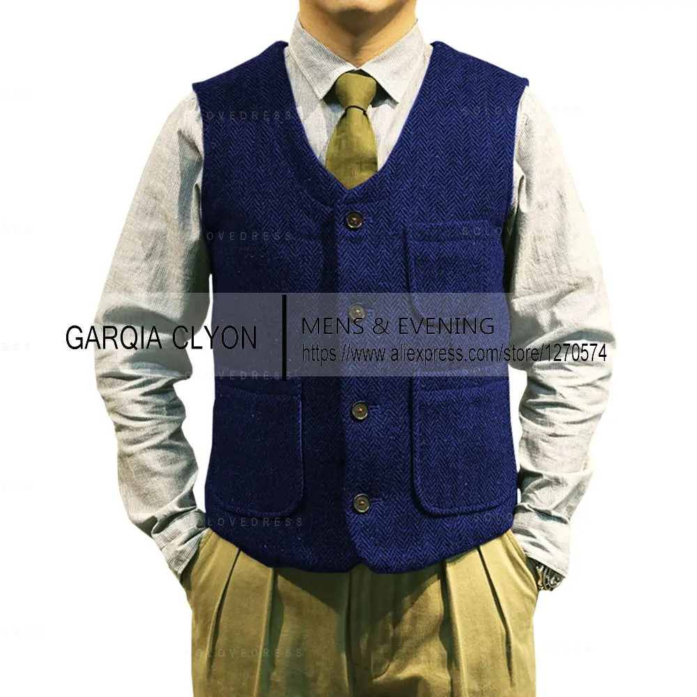 V Neck Single Breasted Herringbone Vest  With Real pocket Men's Waistcoat Groomsemen For Wedding