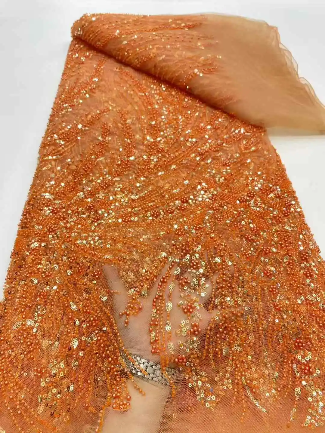 

2025 Latest African Beaded Lace Fabric Embroidery French Mesh Sequins Lace Fabric Nigerian Tulle Lace For Party