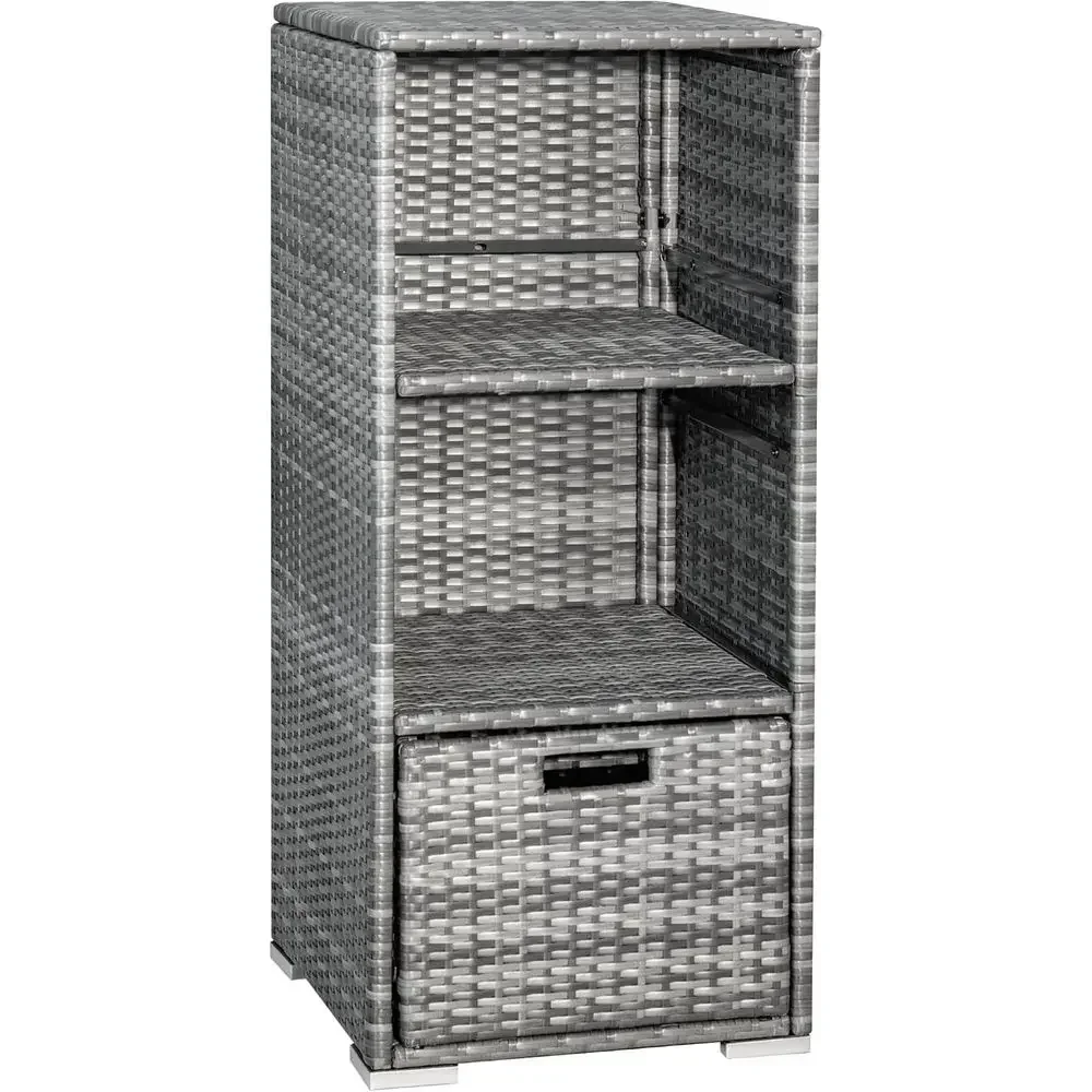 Grey Outdoor Rattan Storage Shed with 2 Shelves and Bottom Drawer for Pool, Patio, Garden, and Deck