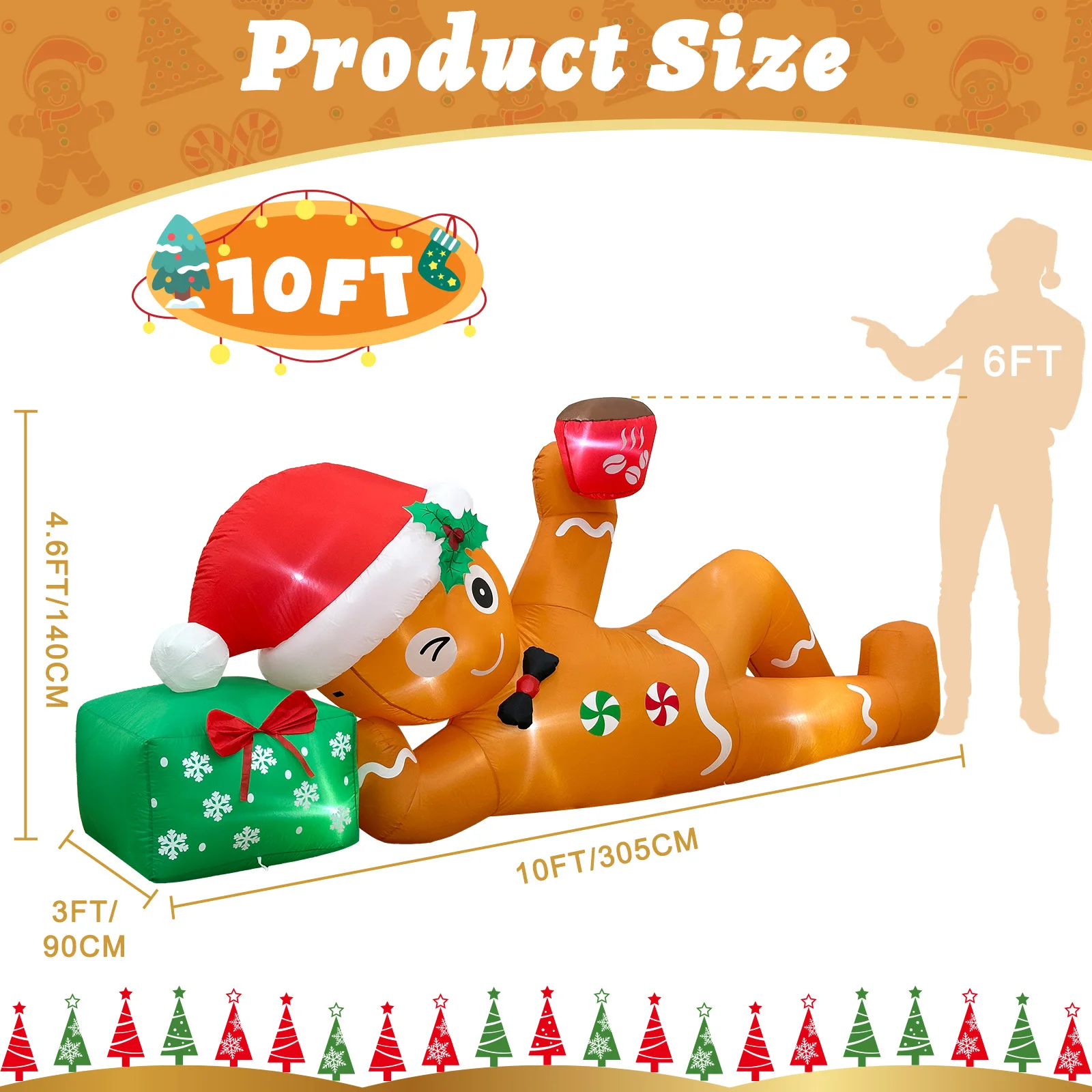 10FT Christmas Inflatable Outdoor Decoration, Lying Gingerbread Inflatable, Christmas Blow Up Yard Decorations for Holiday Yard