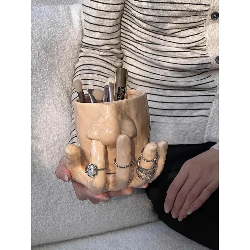 Creative Mugs Coffee Cups Set Ceramic Hand Rings Tray Makeup Brush Organizer Pen Holder Funny Cup Jewelry Display Desktop Decor