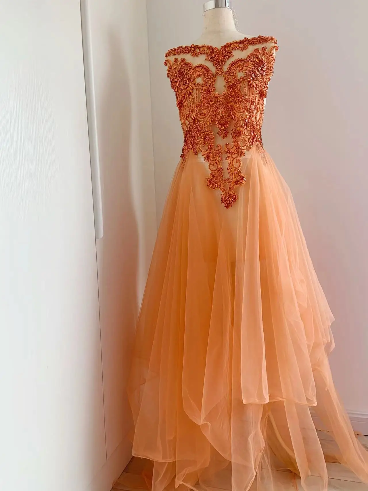 Large Handmade Orange Crystal Applique Heavy Bead Rhinestone Bodice Patch for Wedding Dress,Ball Gown,Couture,Costume Supplies