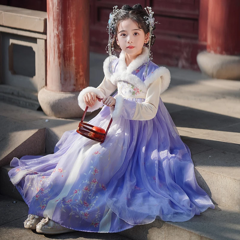 

Зимний теплый костюм Ханфу для девочек с вышивкой в китайском стиле Тан, платье, детский подарок на день рождения, 2026 новогодняя одежда