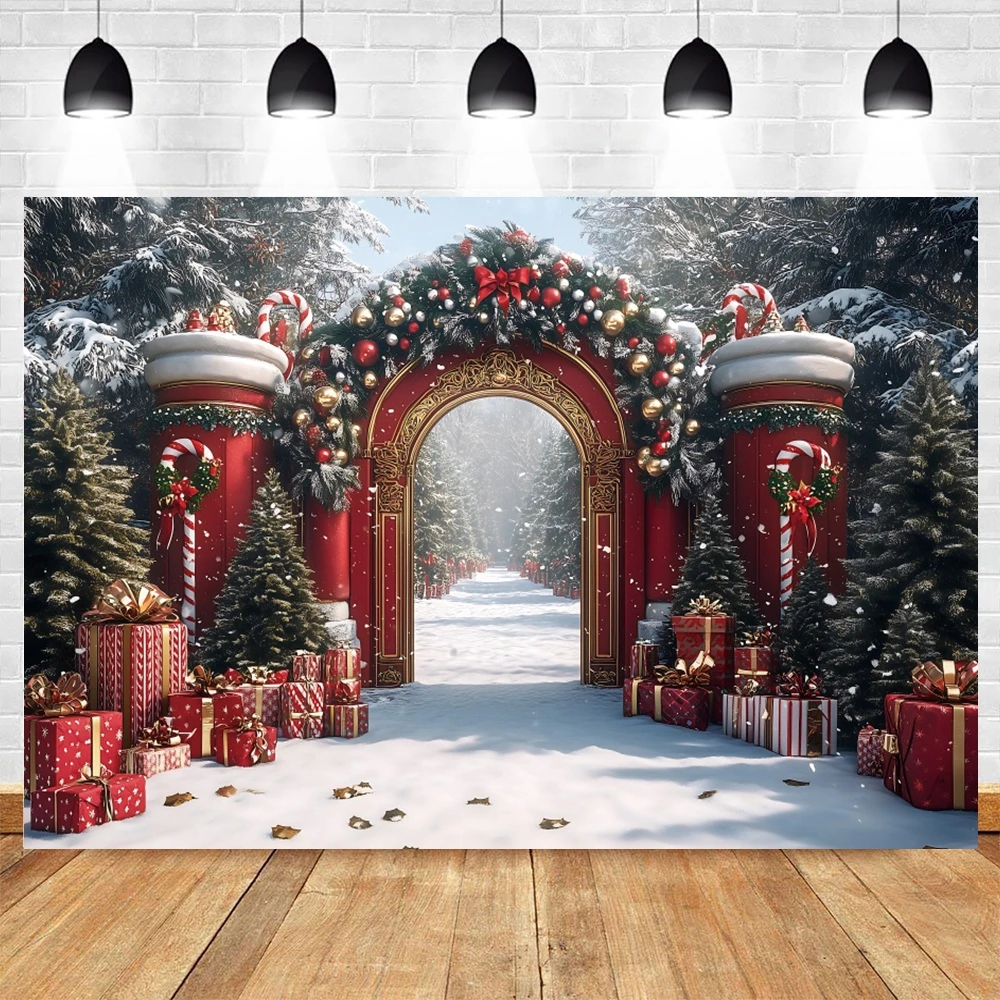 Christmas Arch Backgrounds For Photographs Snowy Bows Candy Cane Forest Gifts Red Theme Winter Festive Backdrops Studio Props