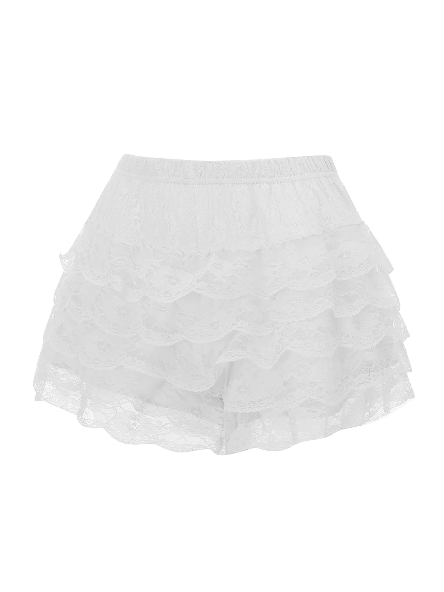 Pantalones cortos con volantes en capas para mujer, bombachos informales de encaje de color sólido con cintura elástica, ropa de Lolita