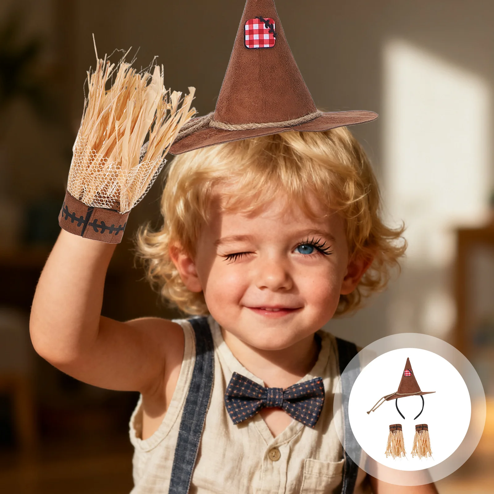 1 مجموعة الفزاعة زي الاكسسوارات أنيق قبعة عقال قفازات هالوين الحصاد مهرجان تأثيري مجموعة فزاعة زي مجموعة