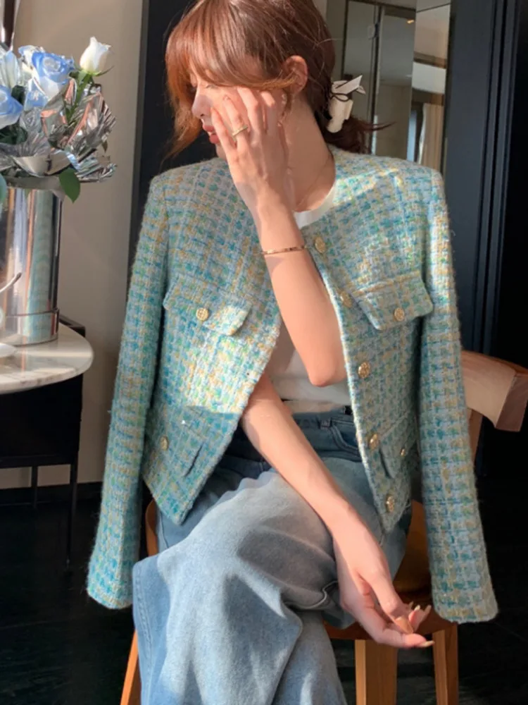 High Street French Vintage Small Fragrant Tweed Jacket For Women Fall Winter Fashion Y2K Fried Street Coats Plaid Outwear Casaco