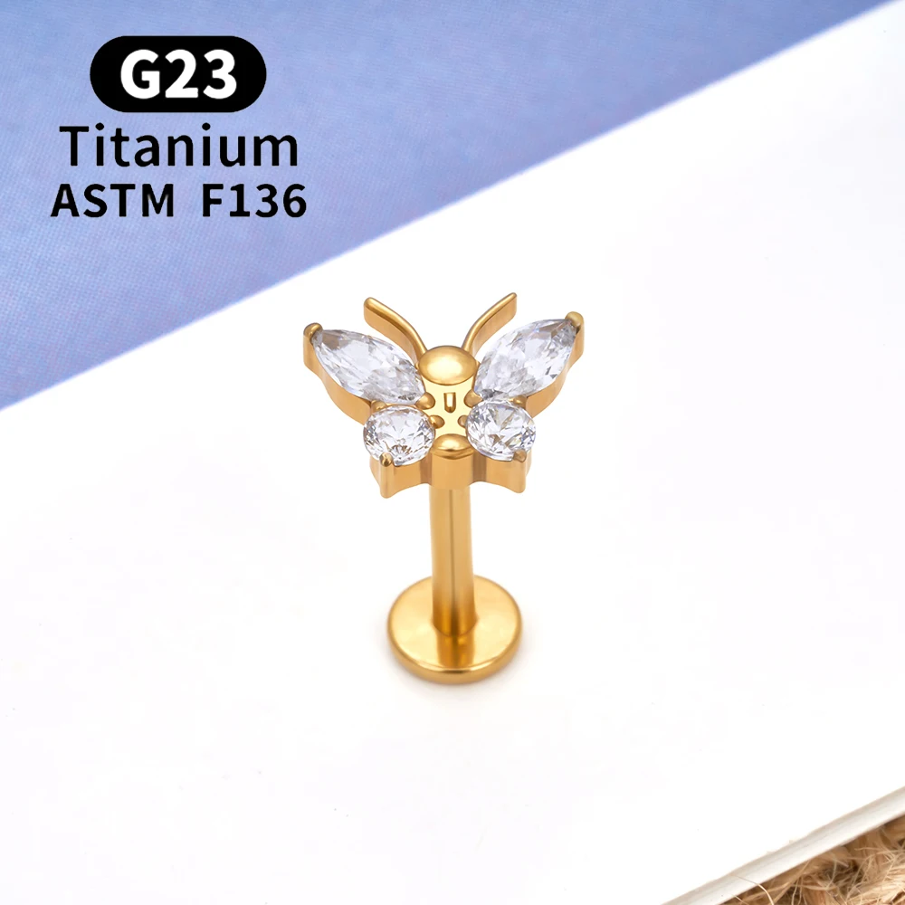 G23 titanio ASTM F136 Piercing orecchini a bottone moda farfalla zircone 16G orecchio Tragus cartilagine lobo Helix Daith gioielli da donna