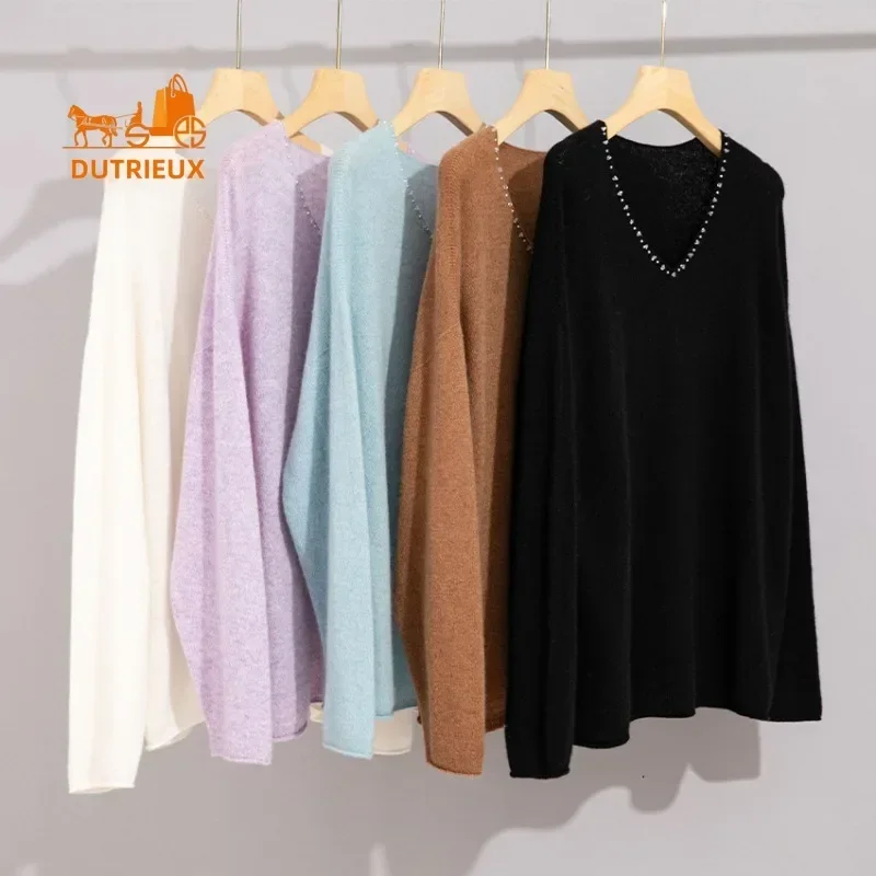 2024 Winter New Women's Sweater, 100% Cashmere V-neck Diamond Loose Fit Base Shirt Elegant Underwear, Wool Sweater Jacket Warm