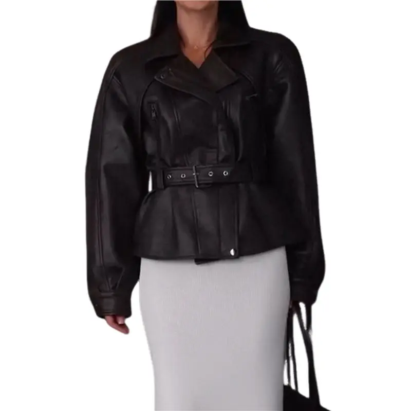 

CYL-Female Fall Belted Faux Leather Jacket Business Casual Faux Leather Short Trench Coat