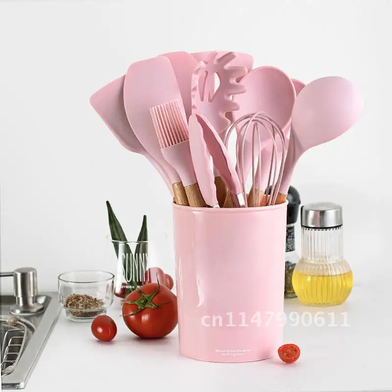 

Silicone Pink Kitchenware Kitchen Cooking Utensils Set Heat Resistant Non-Stick Cooking Utensils Baking Tools with Storage Box