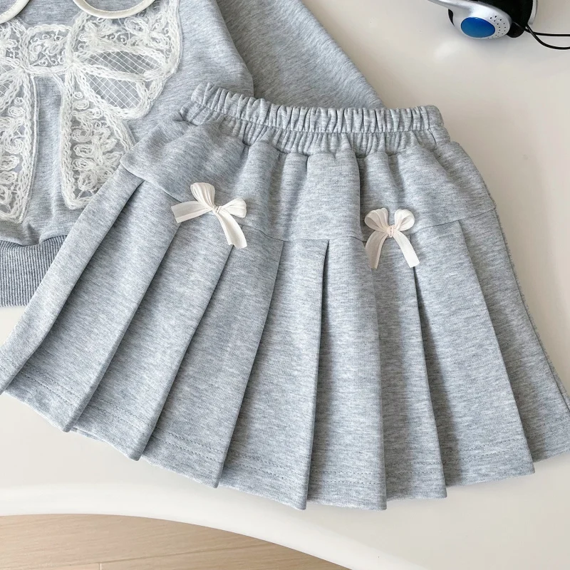 

New Autumn Style Girls' Turn-Down Collar Bow Sweatshirt Set Children's Long Sleeve Short Skirt Two-Piece Set