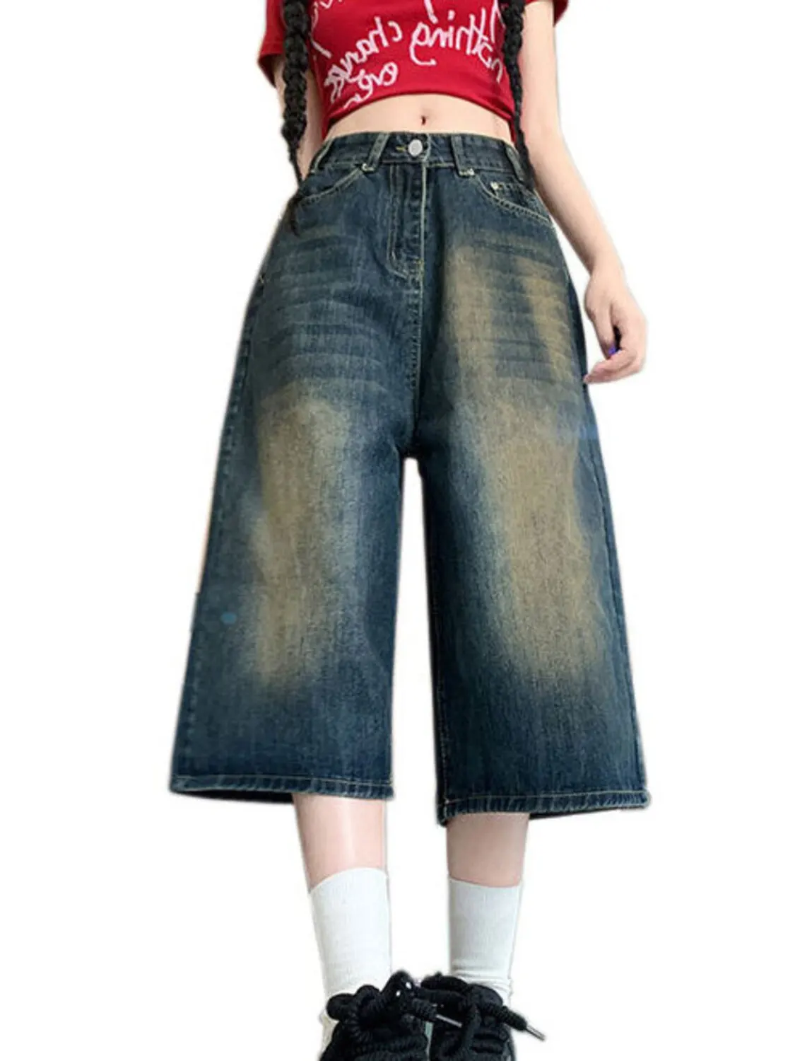 Women Vintage Washed Wide Leg Denim Shorts High Waist Baggy Jeans Shorts Y2K Streetwear
