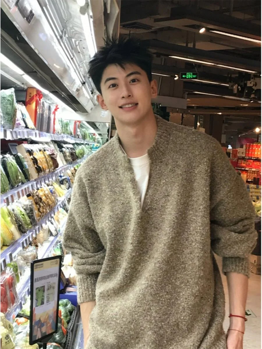 

Cleanfit Men's Winter Knitwear V-Ne Loose Fit Casual Sle Polyester Fiber Henry Collar Inner Wear American Leisure Sle