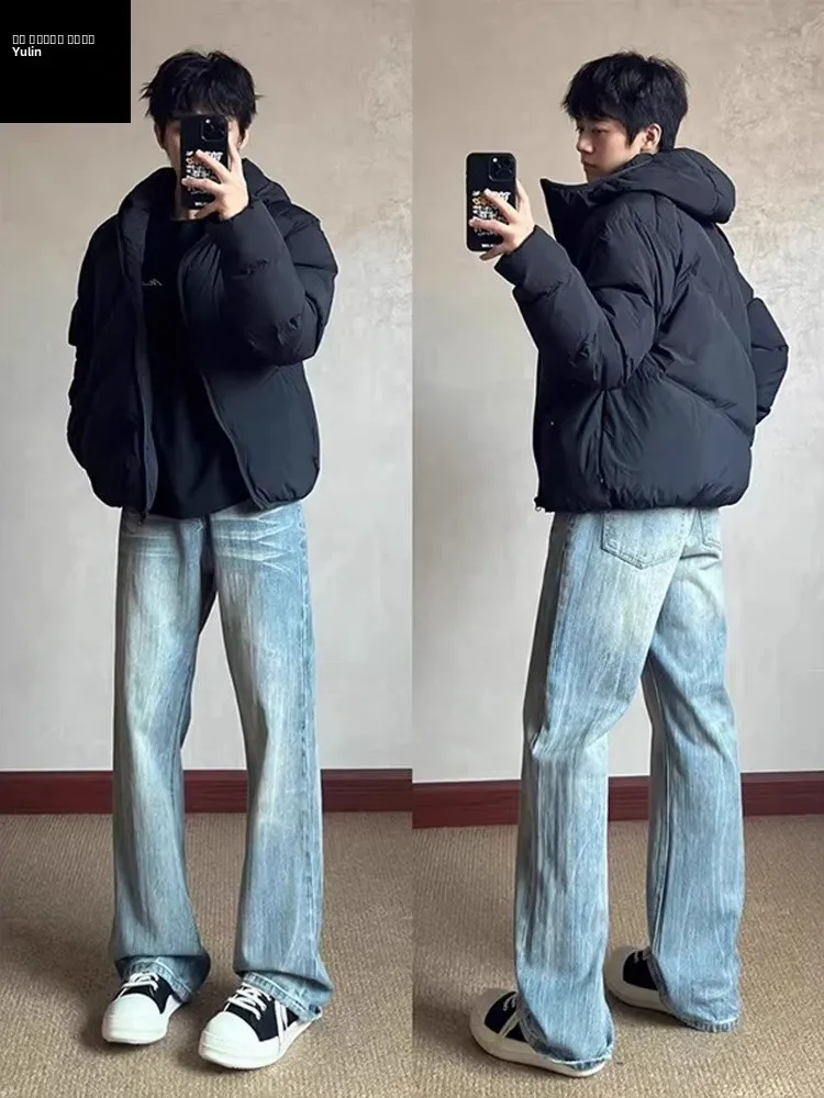 

Светло-голубые джинсы с узором в виде молнии, мужские, осенне-зимние, облегающие, с флисовой подкладкой, прямого кроя, в американском стиле High Street