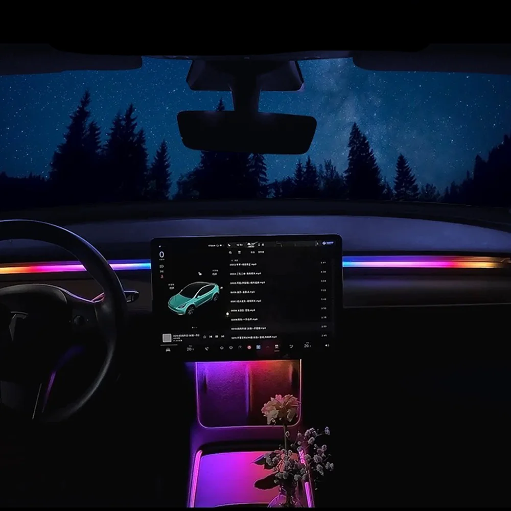 For Tesla Model 3 Y RGB Center Console Dashboard Wireless Charging Neon LED Light Strip Musical Rhythm USB Power APP Control