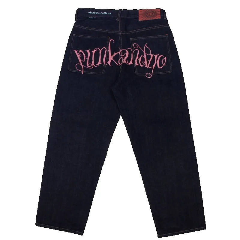 Y2K バギーパンツ ヴィンテージレザータグ ピンク STFU文字刺繍 ヒップホップ ワイドレッグパンツ ゴシック ハイストリート 原宿系 ユニセックスジーンズ