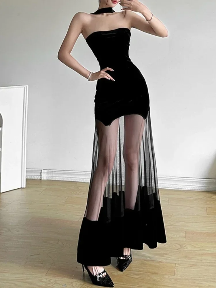 

See Through Mesh Pendulum Neck-Mounted Black Dress For Women Slim Fit Evening Party Clothing Vestidos De Mujer Robe Femme Été