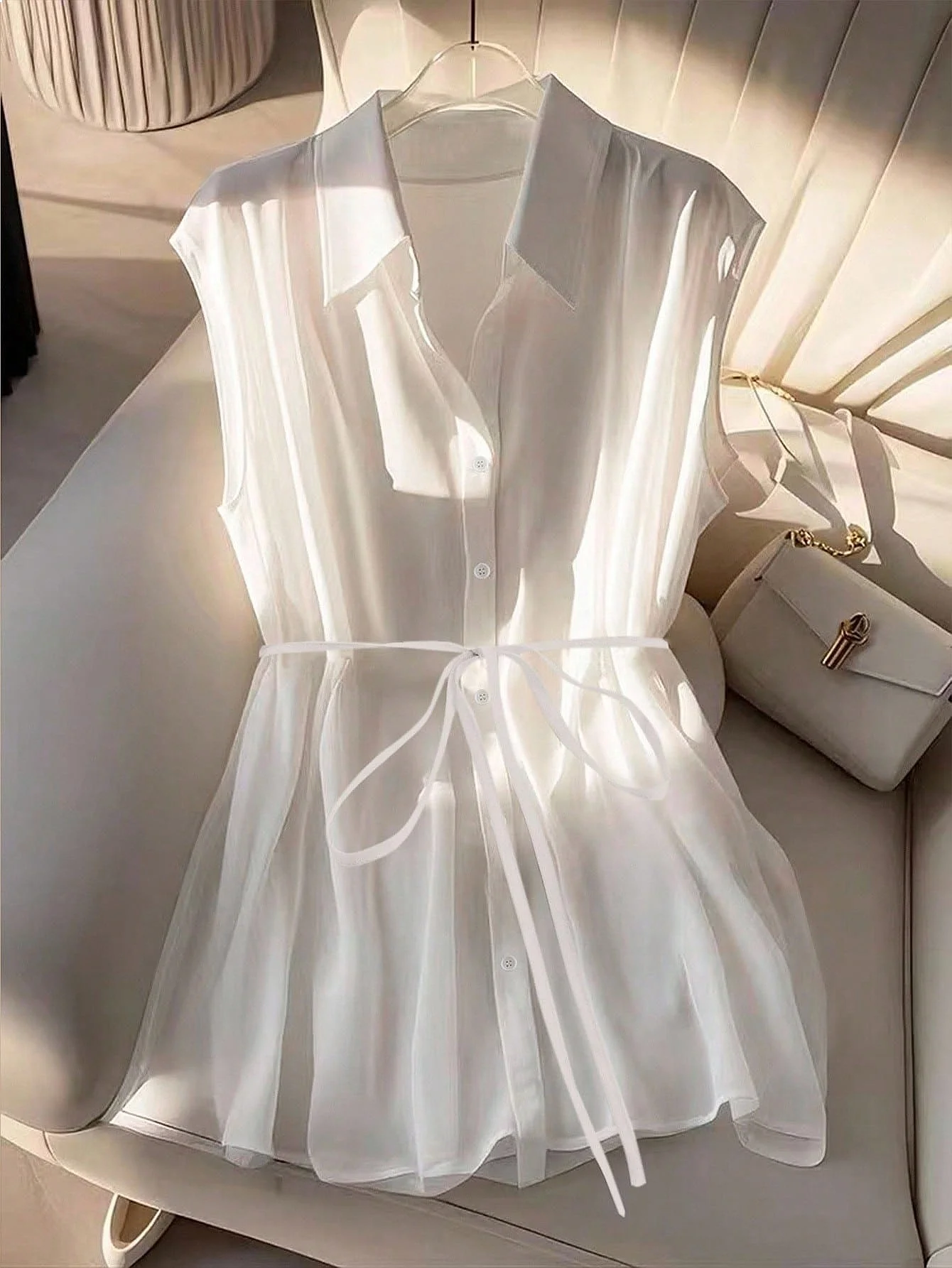 Women Sheer Sleeveless Blouse Turn Down Collar Button Down Belted Peplum Top Casual Office Summer Shirt