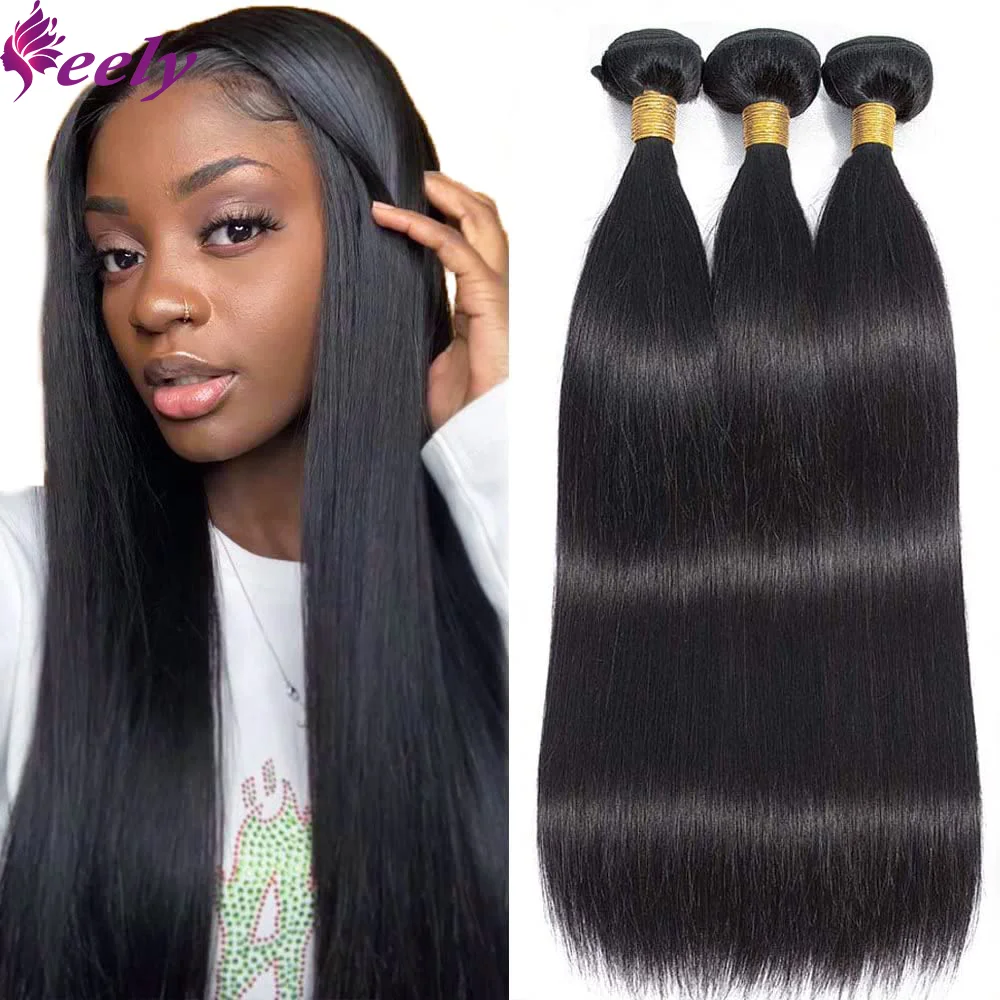 Extensiones de cabello humano virgen brasileño liso, mechones de cabello Natural negro sin procesar, extensiones de trama doble, 20 pulgadas